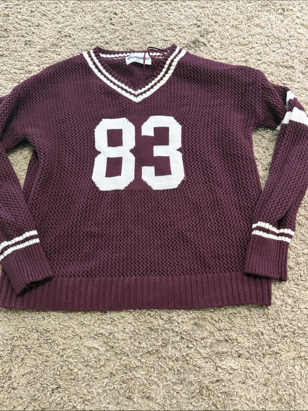 No Boundaries Maroon V-Neck '83 Knit Sweater with White Stripes